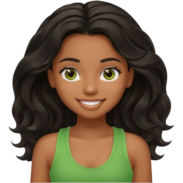 a pretty bratz brown girl with long wavy black color hair, brown eyes and green tank who is smiling emoji
