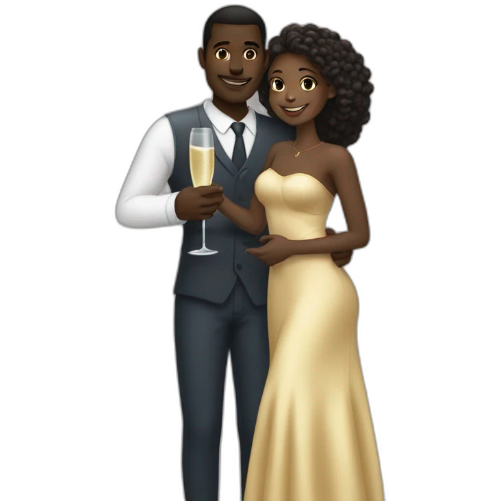 Tall darkskin man with champagne, hugging short lightskin woman emoji