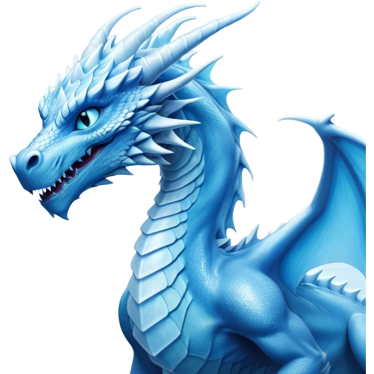 Cinematic Noble very elegant slender Ice Dragon Portrait Emoji, Poised and imposing, distinct long elegant snout, with a slender, scaled body shimmering in glacial hues of icy blue, frostbitten silver, and crystalline white, breathing out frost, with piercing, glowing ice blue white eyes that radiate the chilling depths of an arctic storm; rendered in detail. excuding wisdom emoji