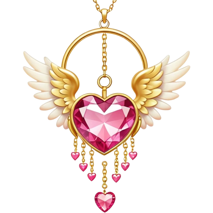 Reddish-pinkish and golden warm-colored romantic lush beautiful pretty hanging crystal-catcher aesthetic with hearts and sparkles and and white angel wings hanging from a gold chain emoji