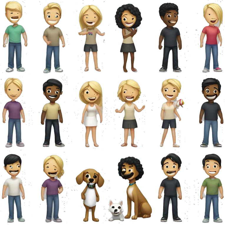 Gay couple, 1 Latino black hair man and 1 Australian blonde hair girl with a dog in the middle laughing full body emoji