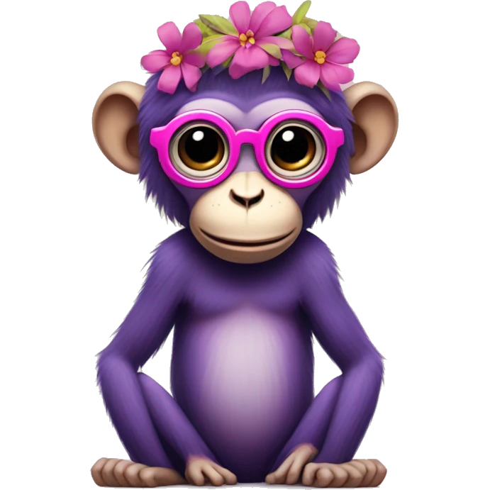 A purple monkey with no legs just arms and wearing a pink and yellow flower crown with circle glasses  emoji