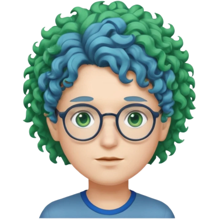 cabelo encaracolado, azul, óculos, olhos verdes, raça branca, penteado topo cabeça emoji