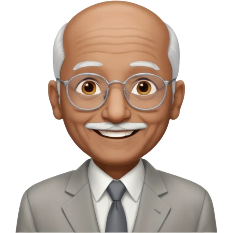 70 yr old indian man, almost bald, some white hair, light grey business suit, big smile, dark brown skin, no moustache, dark brown eyes, glasses
 emoji