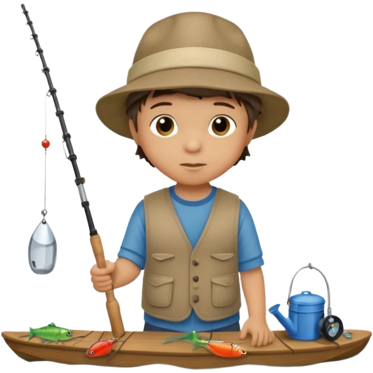 Little boy on the dock fishing, felt texture, scrapbooking emoji