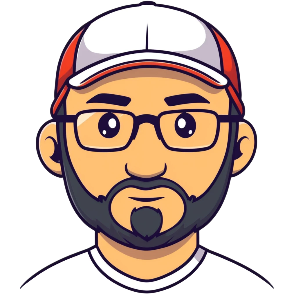 adventurer with small beard, glasses and backwards baseball cap emoji