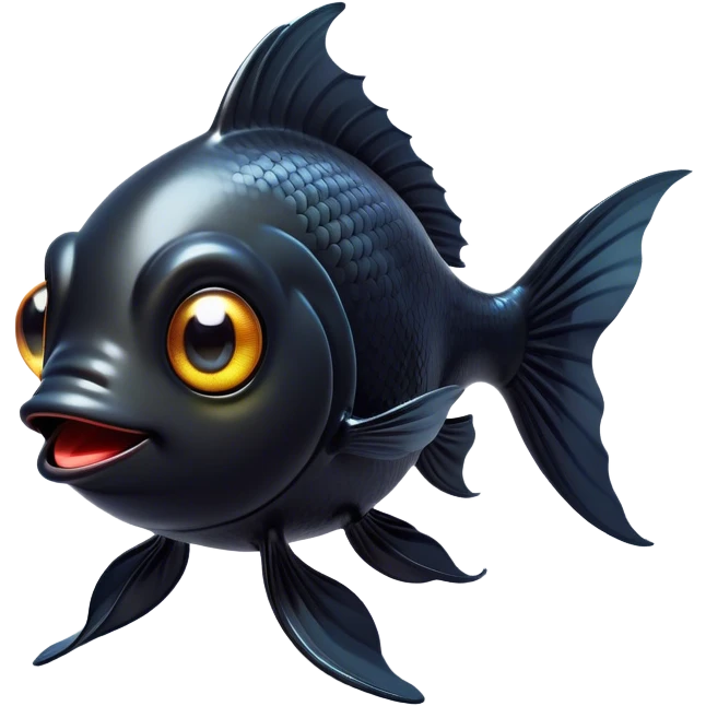 Cinematic Comical Black Goldfish Portrait Emoji, Head tilted dramatically with an exaggeratedly amused expression, featuring a striking, glossy deep black body with vibrant, fluttering fins, wide, expressive golden eyes filled with playful disbelief, Simplified yet hilariously expressive features, highly detailed, glowing with a slightly sassy glow, high shine, dramatic yet playful, stylized with an air of cheeky mischief, bright and endearing, soft glowing outline, capturing the essence of a spirited and over-the-top goldfish, so meme-worthy it feels like it could side-eye its way into internet fame instantly! emoji