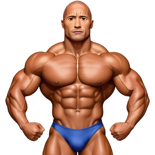 Dwayne Johnson, oiled and posing at the Mr. Universe bodybuilding championship, showcasing his muscular physique in an iconic display of strength. The background features the stage with judges and audience, capturing the intensity and prestige of the competition. Transparent background. emoji