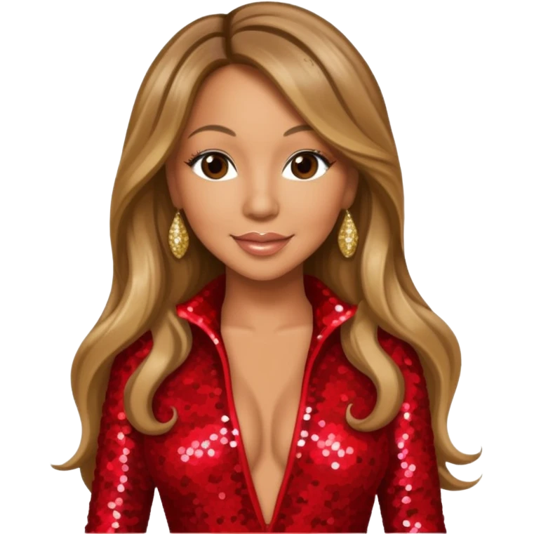 Mariah Carey with long dark blonde hair, red sequin jumpsuit emoji