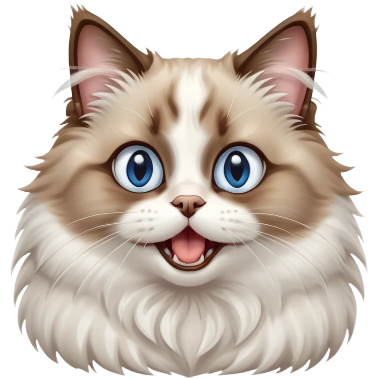 cinematic-adorable-big-eyed-fluffy-brown and white ragdoll-cat-portrait-emoji,-head-tilted-playfully-with-a-cute,-yawn,-soft-brown-and white-colored-fur-with-darker-points-on-the-ears,-simplified-yet-irresistibly-cute-features, sparkling blue eyes emoji