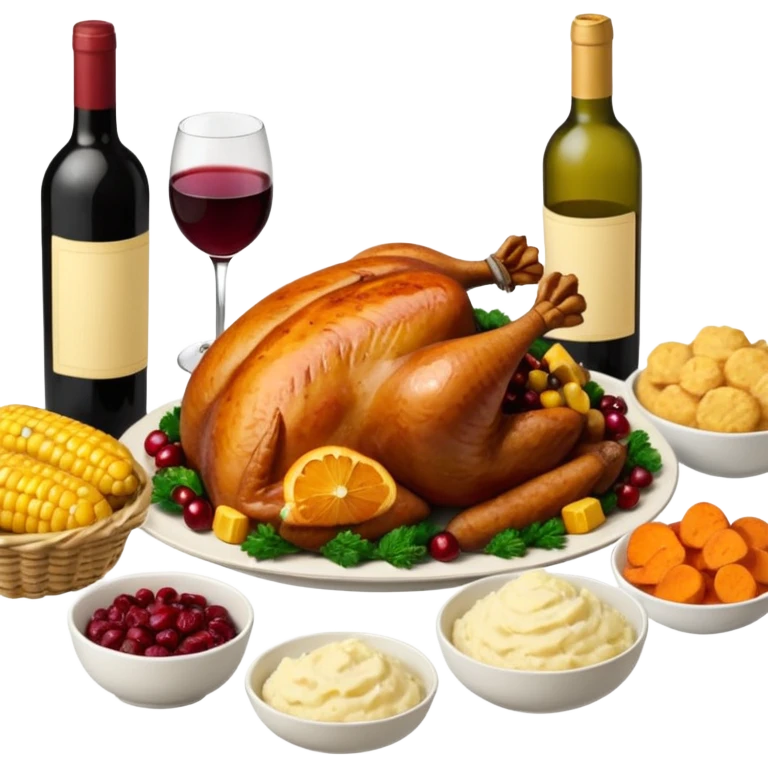 Thanksgiving Dinner with 6 friends of all different races around the table; have the food be a cooked turkey, mashed potatoes, corn, a basket of biscuits, a small bowl of cranberry sauce, baked yams, steamed vegetables, and a bottle of wine. emoji