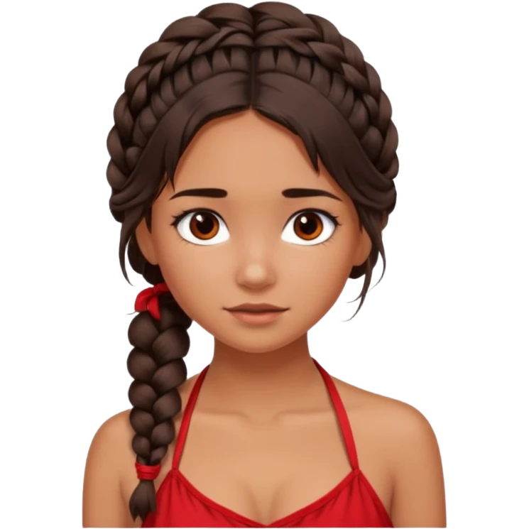 A tanned girl's face Over-the-shoulder messy braid dark brown hair with red halter top emoji