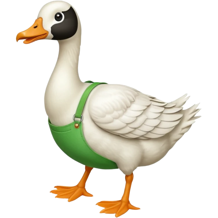 "Emoji of a white running goose with a very long neck and two legs. The goose wears bright green dungarees." emoji