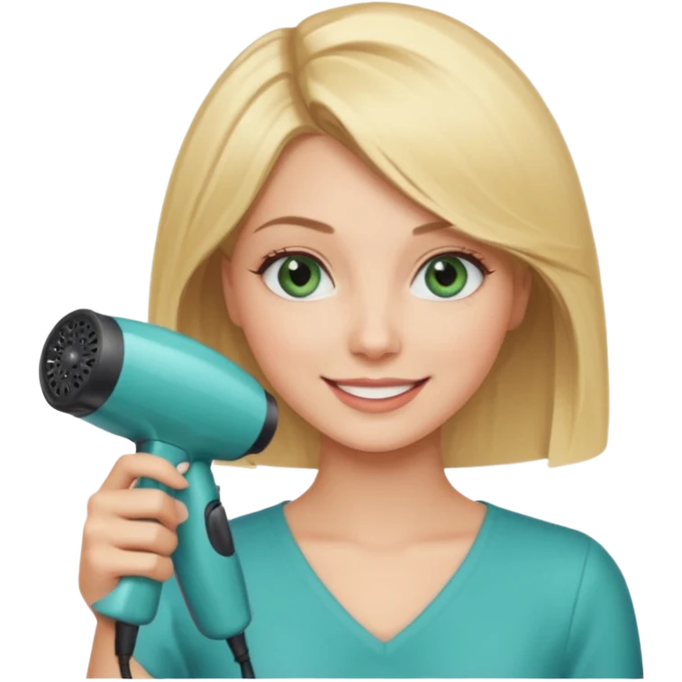 Blonde bob girl hair stylist with blue green eyes holding a hair dryer emoji