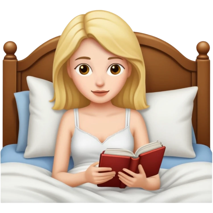 Woman in bed reading emoji