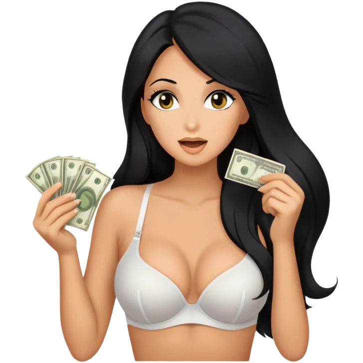 woman with bra, tanned long black hair, holding money whispering emoji