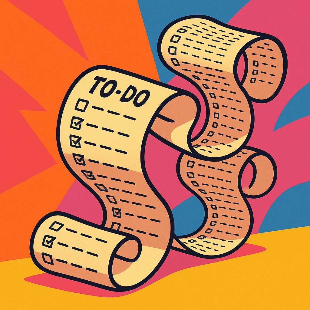 never-ending to-do list paper twisting and turning with exaggerated curves, filled with rows of tiny checkboxes, fading away in a vibrant cartoonish scene emoji