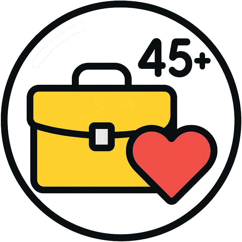 silver circle with subtle shine, briefcase and heart inside, symbolizing jobs and care for experienced professionals aged 45+, clean modern inclusive look emoji