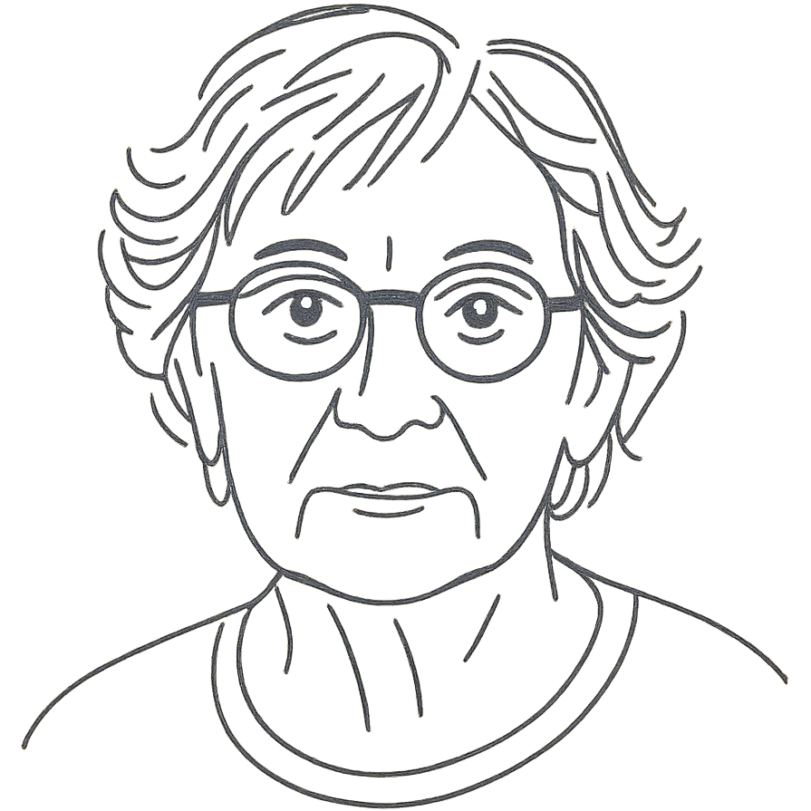 a hand drawn black outline portrait of philosopher Catherine Larrère with similar-sized eyes based a famous portrait of her emoji