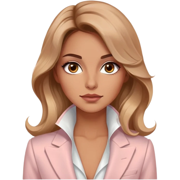 A 30-year-old woman with tanned skin, light brown long wavy hair, delicate face, almond-shaped eyes with smoky foxy eye makeup, brown eyes, wearing a light pink blazer and white satin cowl neck blouse with thin straps emoji