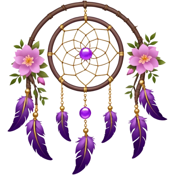 A white-wooden-circle-framed Dreamcatcher. with purple-round-orbs, gold-rings hanging down. purple flowers, pink sakura flowers, emoji
