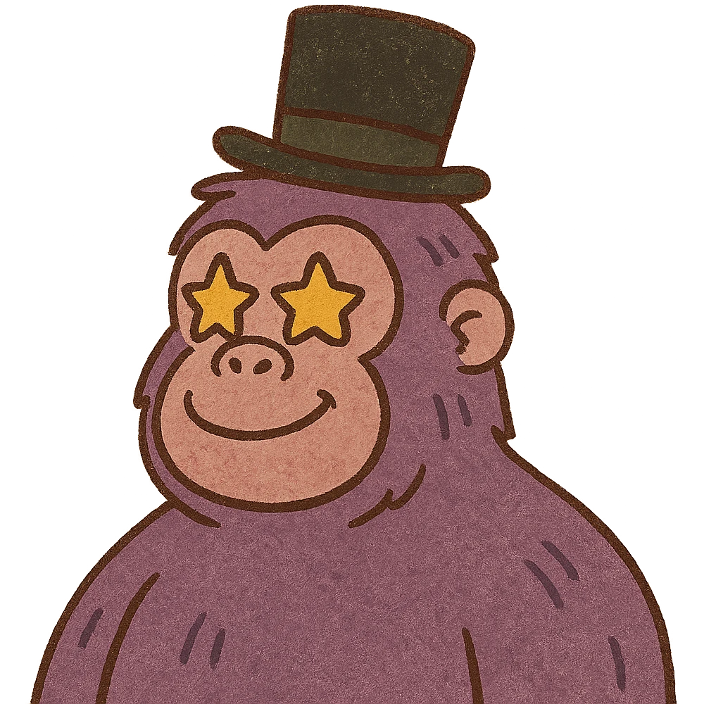 amazed purple gorilla with star eyes and a tophat, cartoonish style emoji