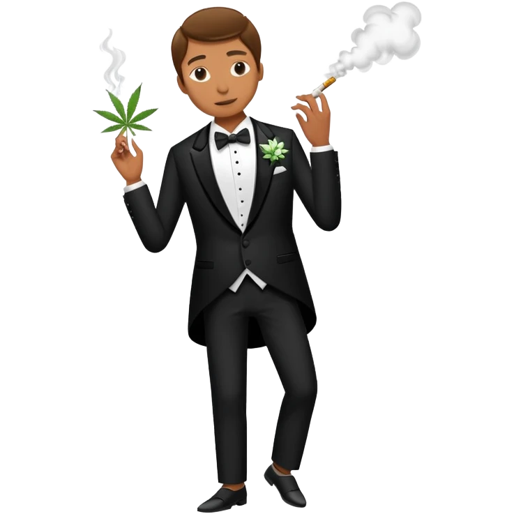 Full body view of a person in fancy clothes sneaking into a wedding ceremony smoking cannabis emoji