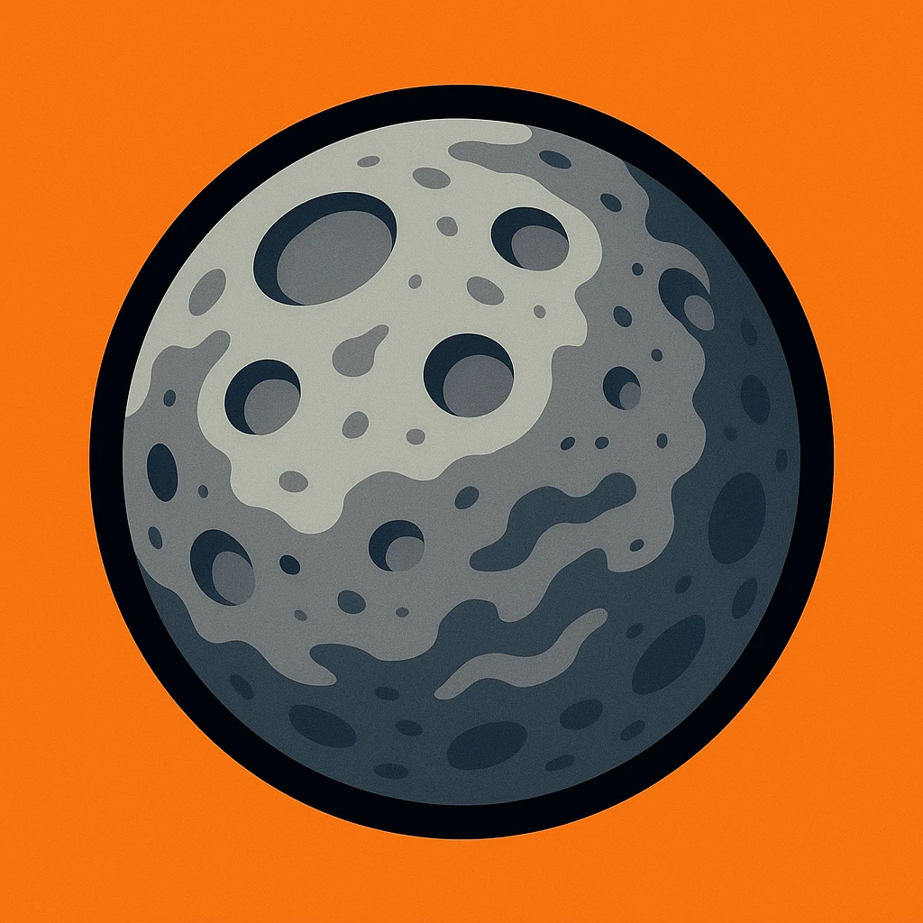 Mercury planet emoji, round, rocky gray ball with craters and rough surface, stylized cartoon emoji