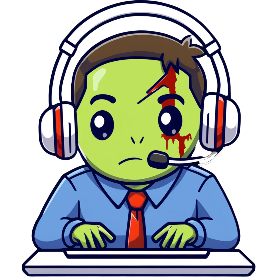 zombie call center employee with headphones, torn uniform, and dead eyes emoji