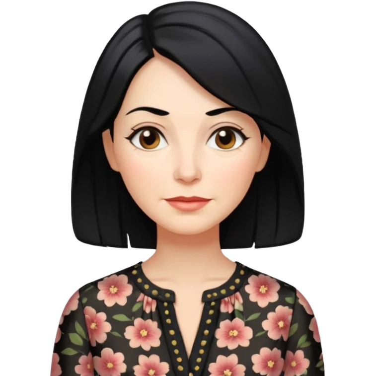 woman in her 50s, shoulder-length black hair, wearing a patterned blouse, gentle expression emoji