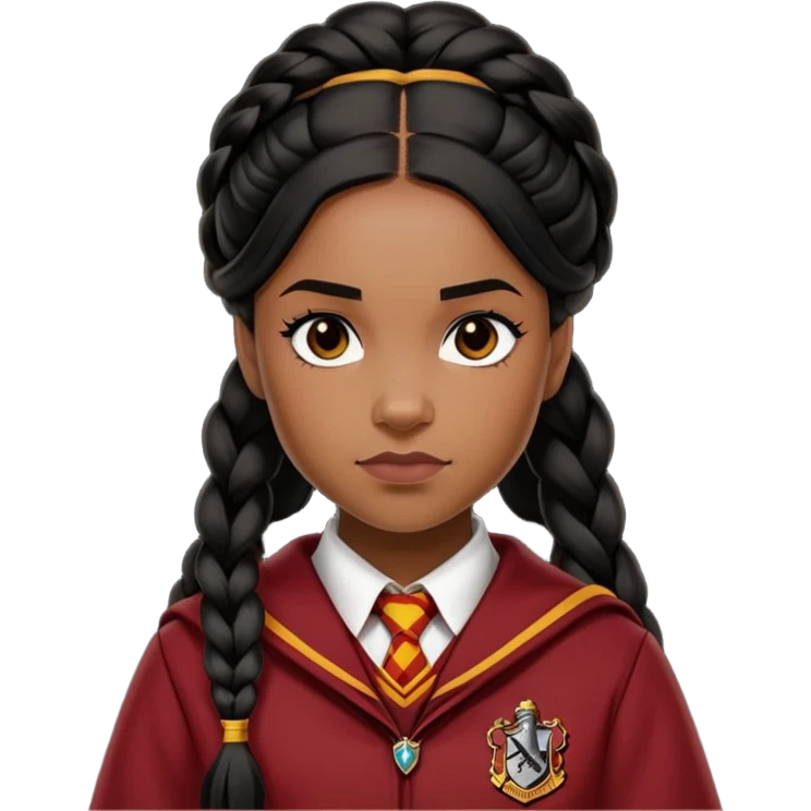 Angelina Johnson in harry potter, wear hogwarts gryfindor uniform,  thick, black hair worn in braids, reflecting her bold, stylish, and strong personality emoji