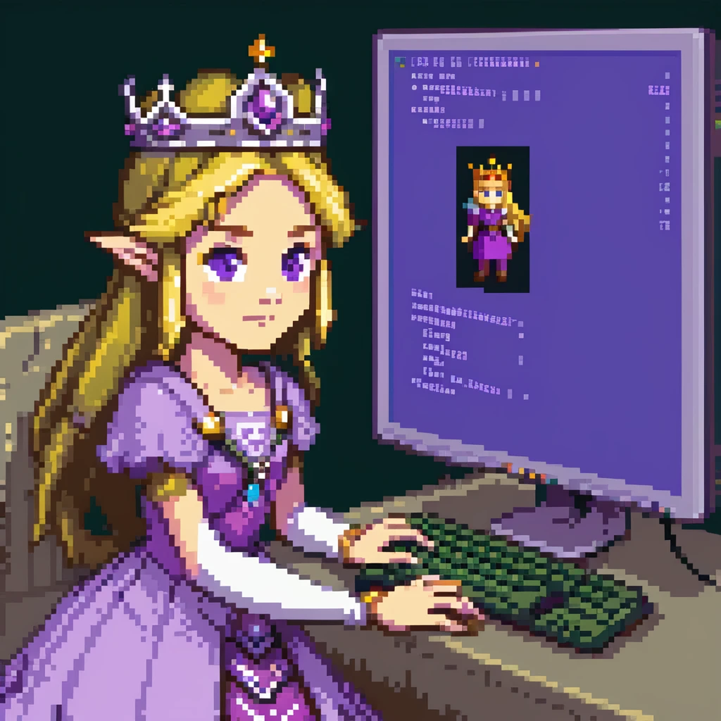 Princess Zelda wearing her crown and purple dress programming with code visible on computer screen emoji