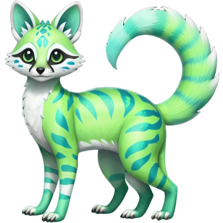 Rare realistic iridescent neon lime-green & cyan white gradients lush tropical exotic cute epic pretty beautiful handsome gorgeous aesthetic colorful vibrant Vernid-Protogen-Primagen-Wickerbeast-Genet-Trico-species-Fakemon-hybrid-creature by LiLaiRa, beautiful intricate markings, full body emoji