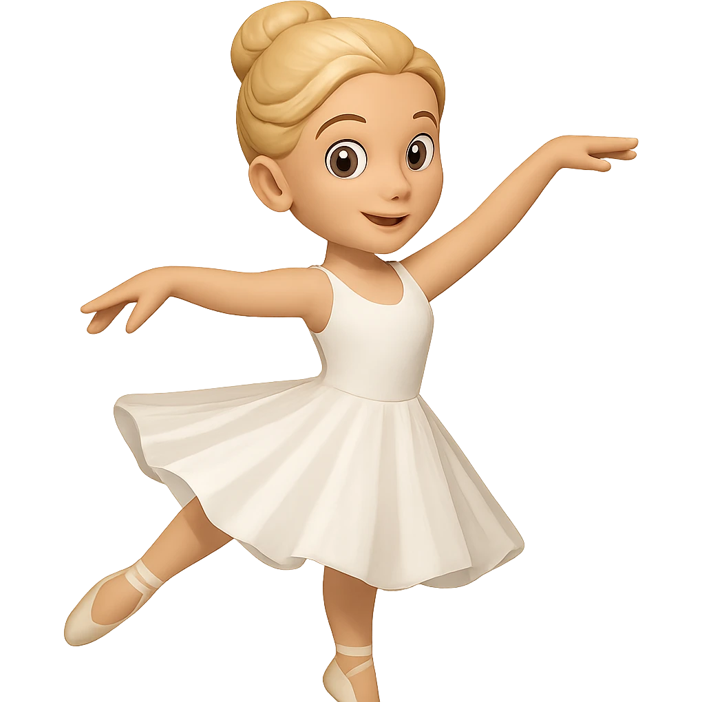 Create an image of a ballet dancer in a white dress, matching the style and pose of the provided reference image. The style should be elegant and graceful, capturing the delicate movement and flow of the dress as seen in the reference. emoji