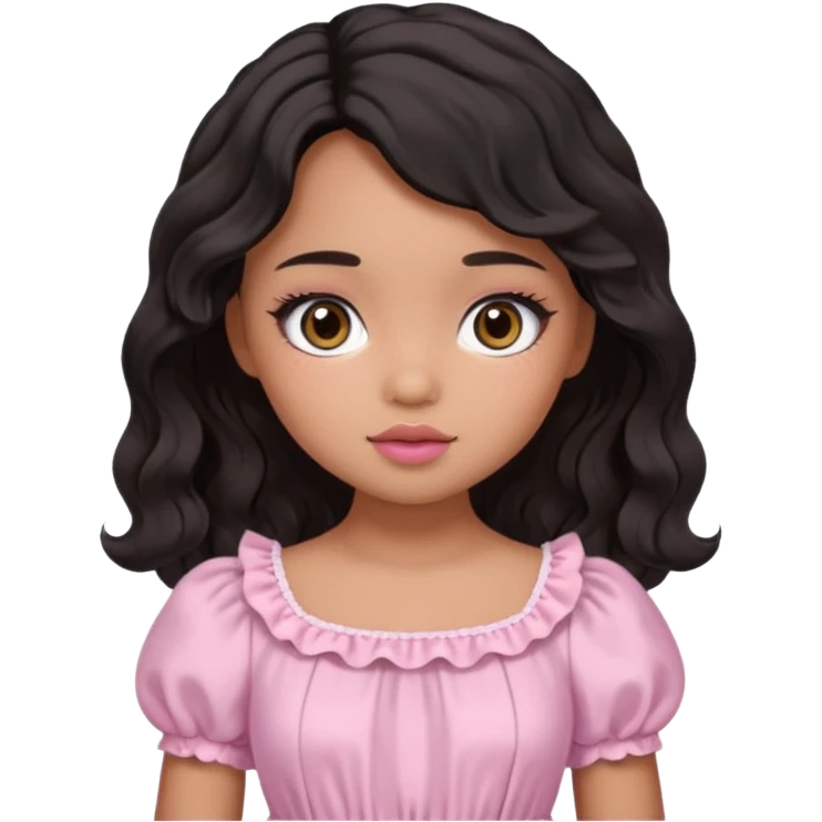 Tan skin girl, brown Asian eyes, black soft wevy hair, doll  beabadoobe makeup, baby pink Victoria dress  emoji