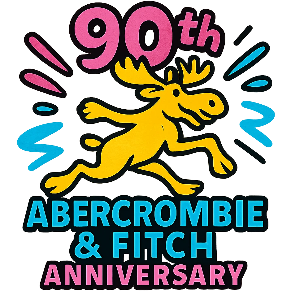 A lively 90th-anniversary logo for Abercrombie & Fitch, showcasing a sleek and contemporary look. The logo includes the brand's moose mascot in a dynamic pose, surrounded by abstract shapes that suggest movement and energy, using bright and bold colors. emoji