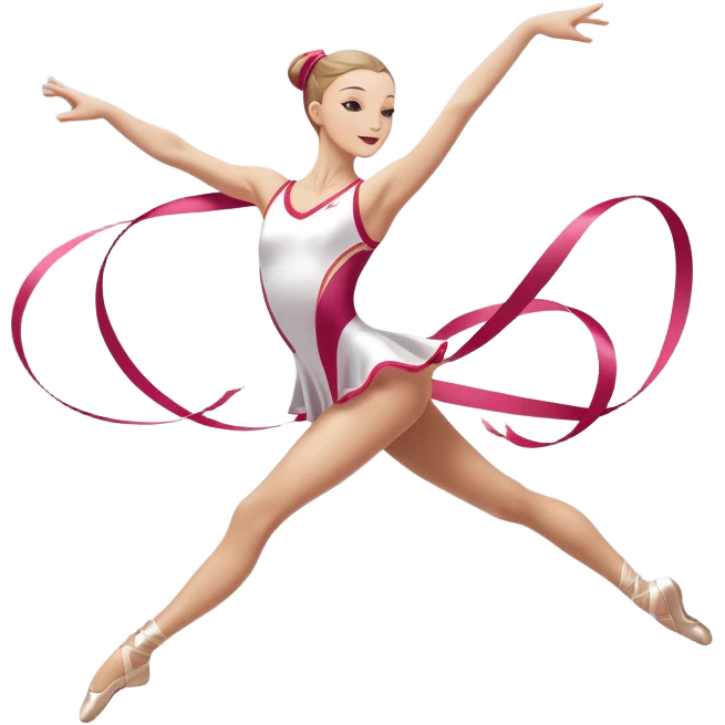 A graceful rhythmic gymnast performing with a flowing ribbon, executing an elegant leap mid-air. The pose exudes flexibility, balance, and artistry. The background suggests a competition arena with soft lighting, emphasizing movement, precision, and the beauty of the sport. emoji