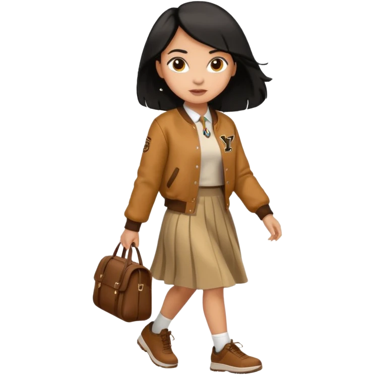 black color hair, light skin long hair girl with brown varsity jacket and long skirt walking

 emoji