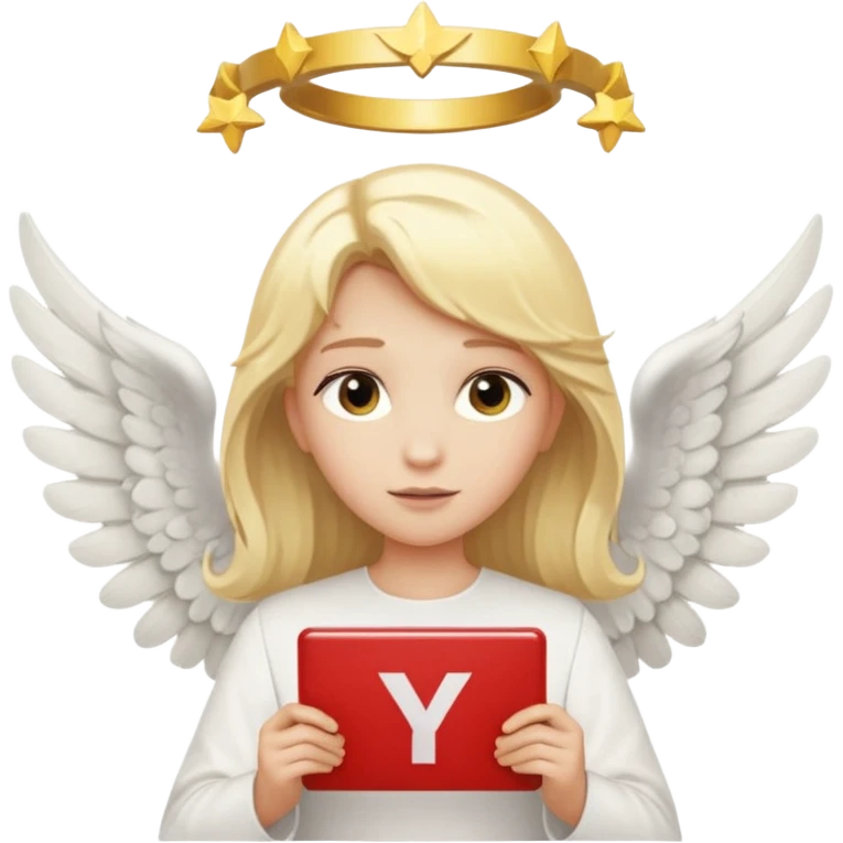 "An angel emoji with blonde hair, a halo, wings, holding a 'COMPARTILHAR' sign in bold letters." emoji