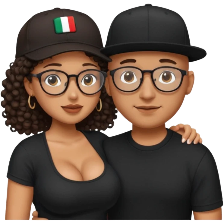 A picture of an embracing tanned couple. the man is a Mexican man with tanned skin, with a bald hair cut wearing a SnapBack hat and a black shirt. the woman is mixed, she has curly longer dark brown hair, thicker and with big boobs and she has glasses emoji