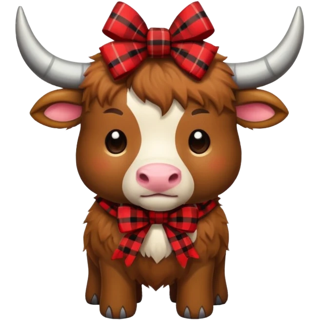 cute fuzzy bull with red plaid bow on top emoji