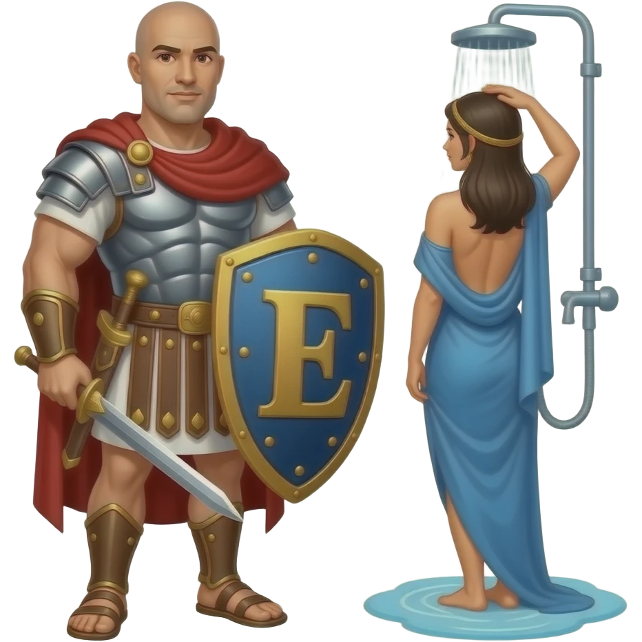 Muscular Roman soldier bald with brown eyes the Letter E on the shield with empress in shower facing away nude bum emoji