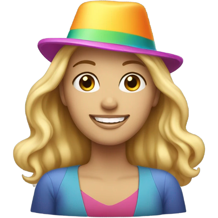White woman, long hair, blonde hair, wavy hair, birthday hat emoji