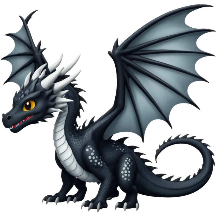 A dragon that is  black 🖤 with white spots. HUGE wings and a tail emoji