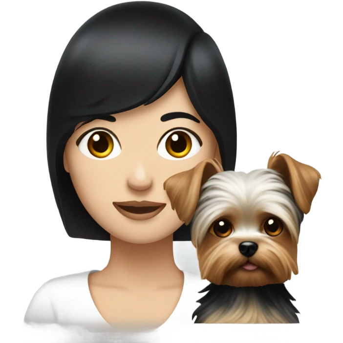 White face lady with black hair holding a Yorkie  emoji