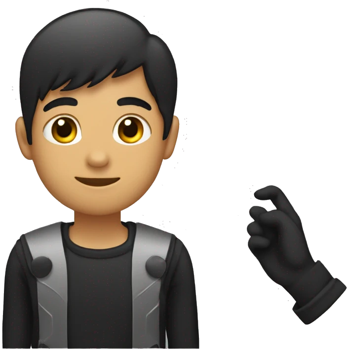 Joven de pelo largo y negro, con ropa negra levantando su mano para saludar emoji