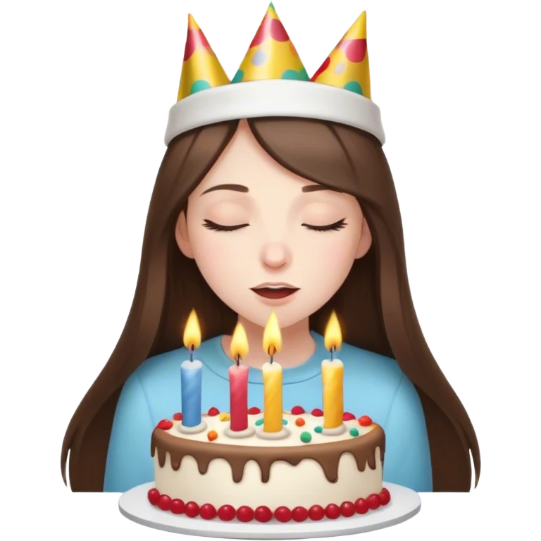  beautiful pale brunette girl with long hair with birthday cap blow out the candles on her birthday cake eyes closed emoji