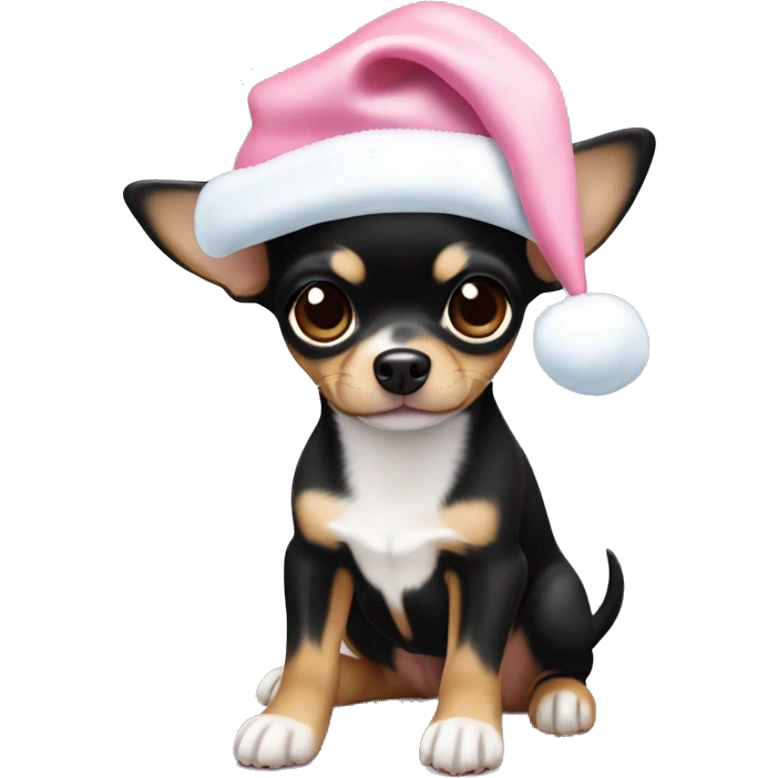 black & tan chihuahua puppy full body light blue eyes pink christmas hat on emoji