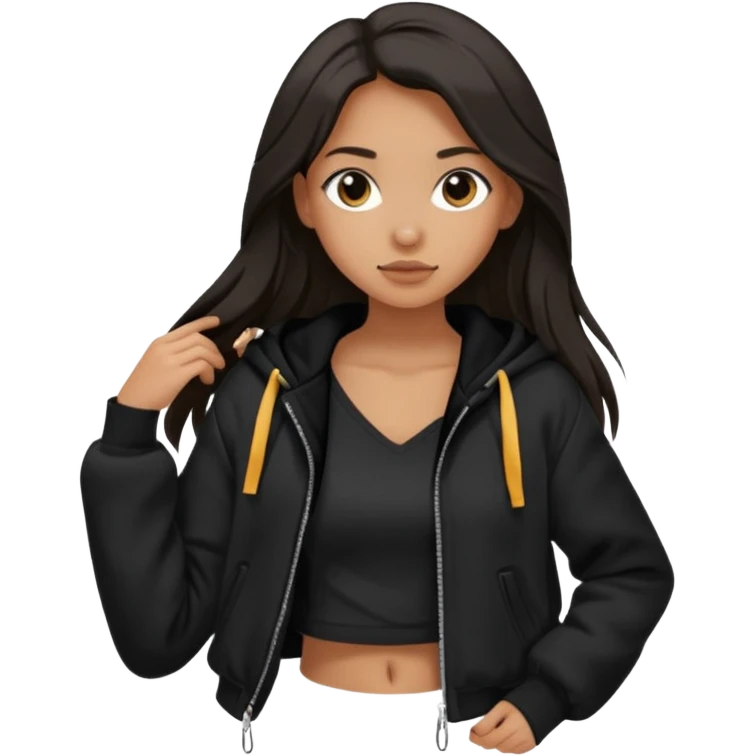  Siyah uzun saçlı ceket giyen esmerimsi kız fazla esmer değil siyah ceket  polar ceket ceket gevşek biraz omzundan çıkıyormuş gibi ve bugday ten rengi soltaraftaki omzundan çıkık sadece içinde de siyah crop var crop omzundan bağlı ve sadece sol omzundan gevşek ceket  emoji