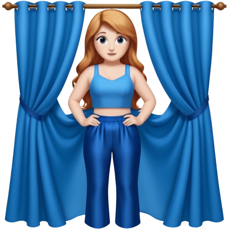 Meghan Trainor dressed in blue crop and blue silk pants holding blue curtain  emoji
